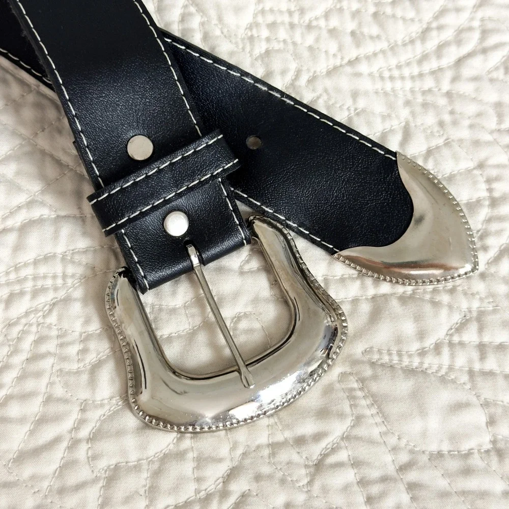 Western Black Contrast Stitch Belt Silver Buckle Grunge Cowgirl Y2K